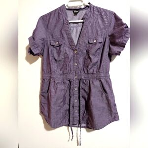 Guess Purple Button-Up Short Sleeve Blouse With Drawstring On Waist. Cotton.